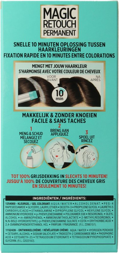 Doos Magic Retouch Permanent haarkleuring in de kleur 3 Donkerbruin, met afbeelding van haar en applicator.