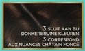Close-up van donkerbruin haar, met tekst '3 Sluit aan bij donkerbruine kleuren'.