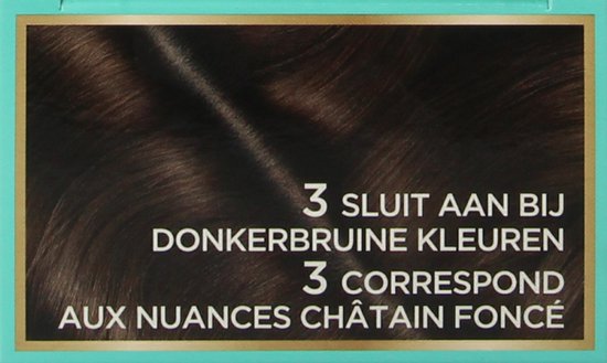 Close-up van donkerbruin haar, met tekst '3 Sluit aan bij donkerbruine kleuren'.