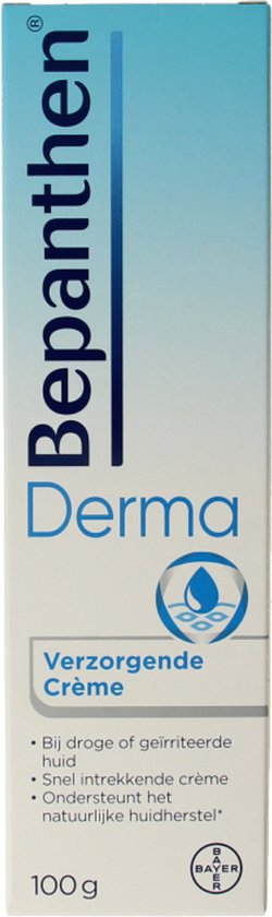 Doos Bepanthen Derma Verzorgende Crème, 100g, wit met blauwe opdruk.