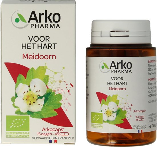 Doos en potje Arkopharma Meidoorn, 'voor het hart', met biologische bloem en bladeren, 45 capsules.
