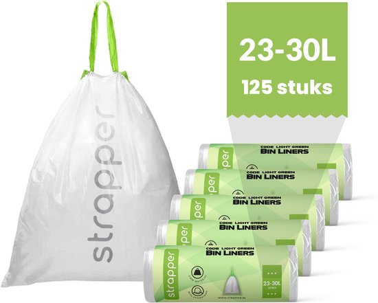 Een grote lichte, groene afvalzak met trekkoord, naast vijf rollen van 25 lichte, groene afvalzakken van 23-30L.