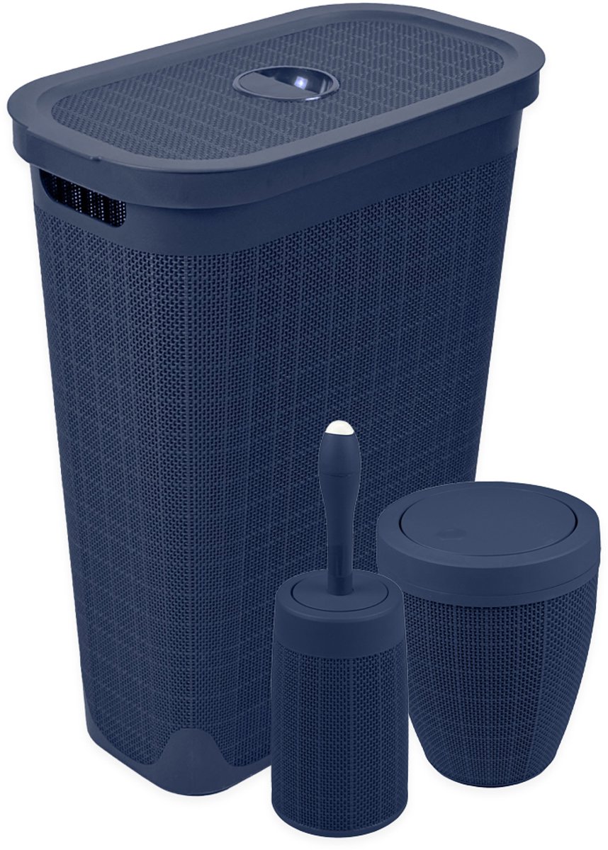 Wasmand 40 liter - Toiletborstel met doseersysteem - Prullenbak met swingdeksel - Set 'Hessian' - Donkerblauw