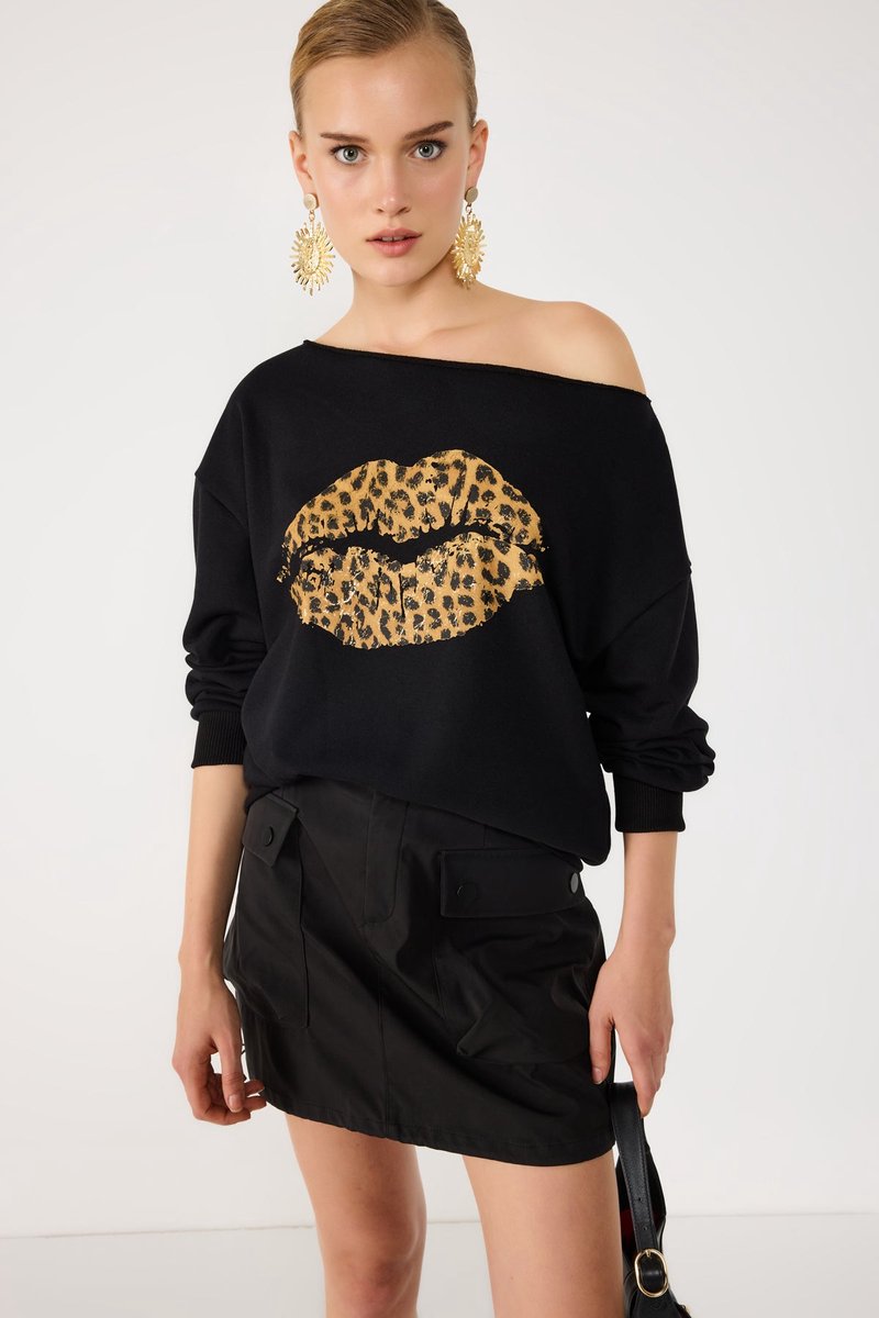 Sweatshirt imprimé léopard et lèvres