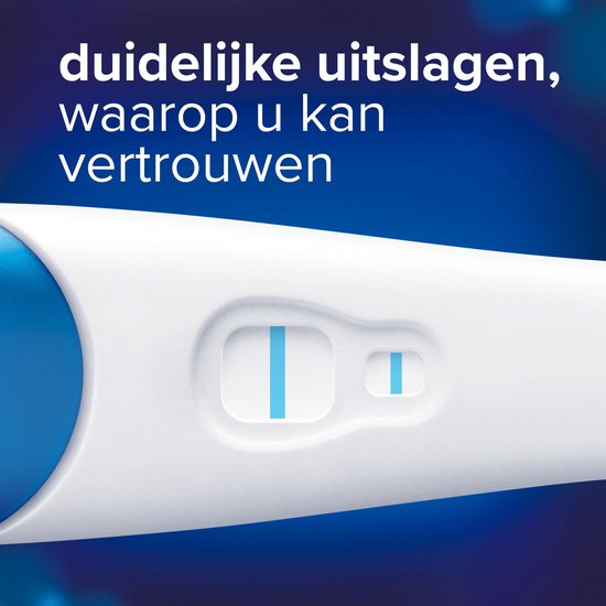 Close-up van zwangerschapstest met twee blauwe lijnen. Tekst: "duidelijke uitslagen, waarop u kan vertrouwen".