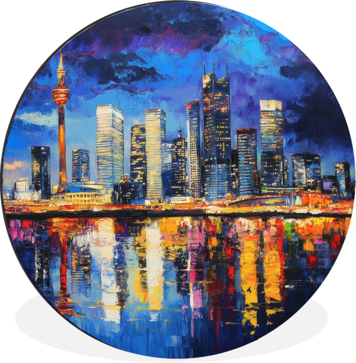 WallCircle Wandcirkel - Muurcirkel - Skyline Toronto - Modern - Stadslicht - Blauw - Aluminium - Dibond - 120x120 cm - Binnen en Buiten Skyline - Modern