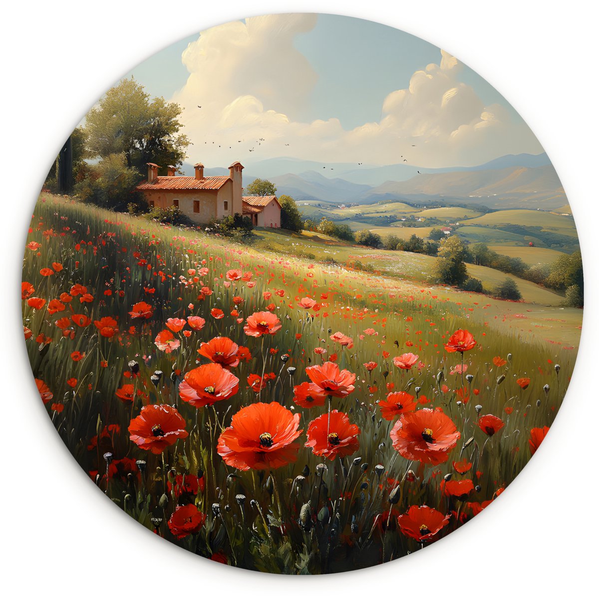 WallCircle Wandcirkel 120x120 cm - Muurcirkel Klaprozen - Rood - Heuvels - Landschap - Muurdecoratie woonkamer - Wanddecoratie slaapkamer - Kamer decoratie accessoires - Ronde schilderijen Heuvels - Klaprozen