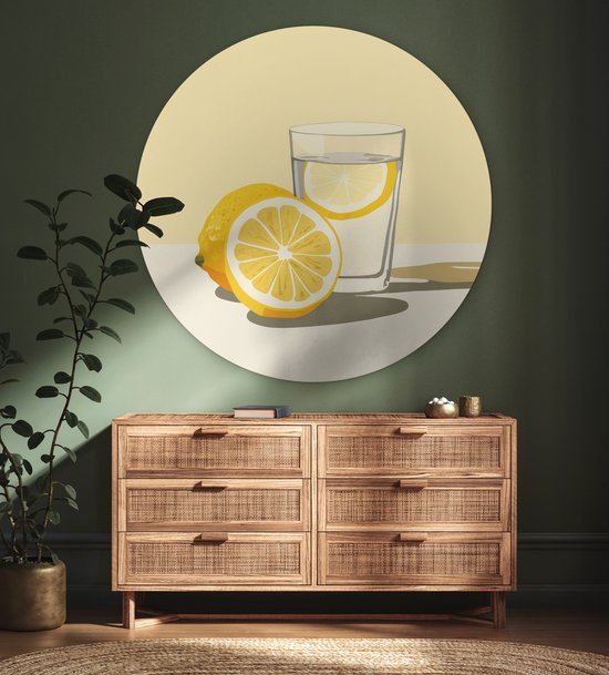 WallCircle® Wandcirkel 120x120 cm - Muurcirkel Glas - Citroenschijfjes - Geel - Muurdecoratie woonkamer - Wanddecoratie slaapkamer - Kamer decoratie accessoires - Ronde schilderijen XXL