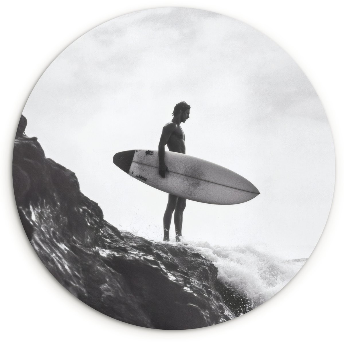 WallCircle Wandcirkel 150x150 cm - Muurcirkel Surfer - Rots - Oceaan - Golven - Muurdecoratie woonkamer - Wanddecoratie slaapkamer - Kamer decoratie accessoires - Ronde schilderijen Surfer - Rotsen - Golven