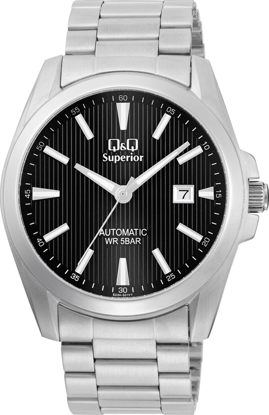 Q&Q S23A-501VY - Montre - Montre-bracelet - Analogique - Mouvement automatique - Homme - Bracelet en acier - Rond - Métal - Rayures - Affichage de la date - Couleur argent - Zwart