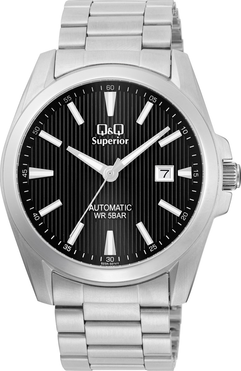 QQ S23A-501VY - Horloge - Polshorloge - Analoog - Automatisch uurwerk - Mannen - Heren - stalen band - Rond - Metaal - Streepjes - Datumaanduiding - Zilverkleurig - Zwart