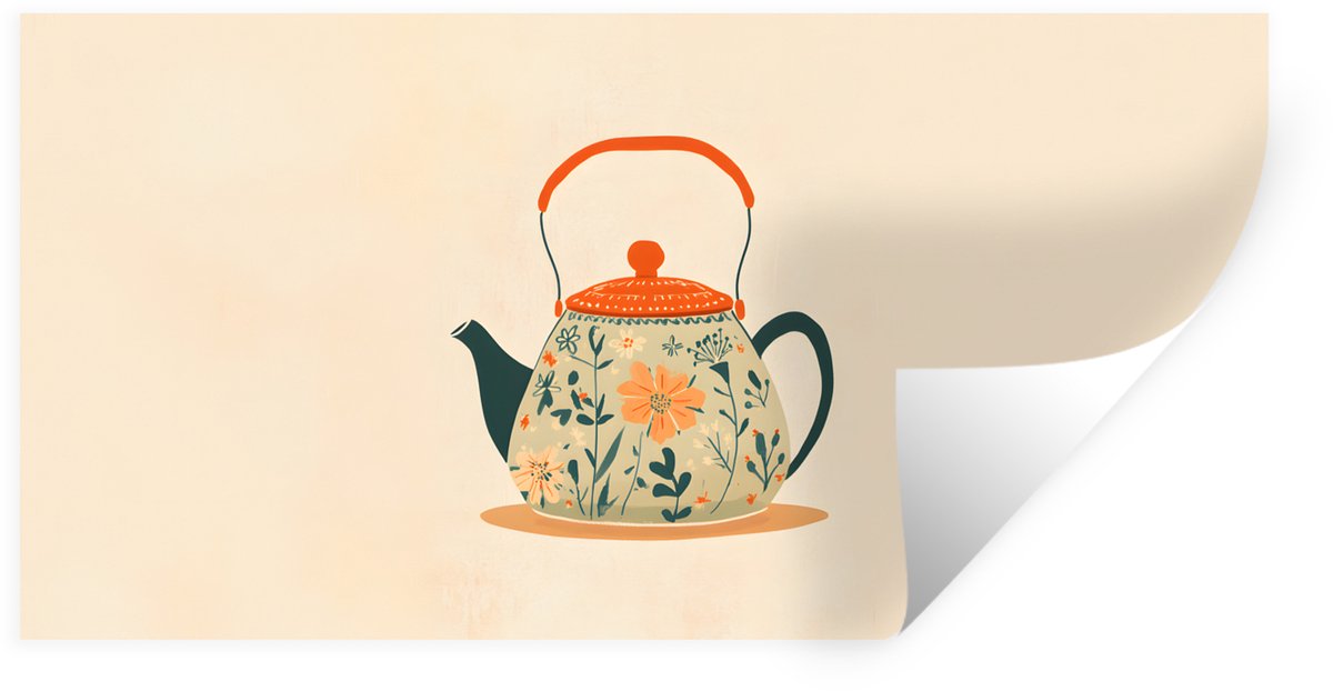 Muurstickers - Sticker Folie - Oranje - Theepot - Bloemen - Bladeren - 80x40 cm - Plakfoli