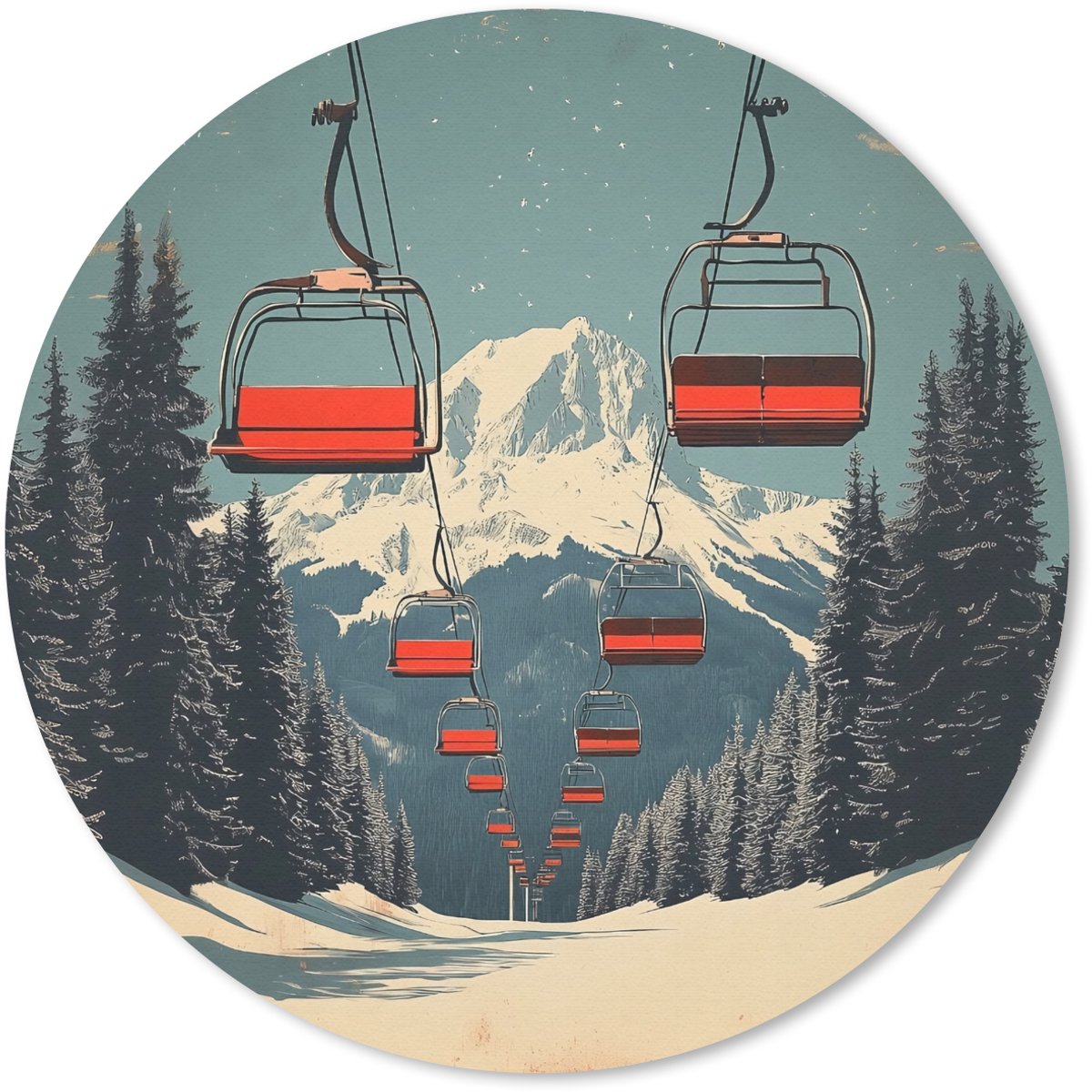 Muismat rond 20x20 cm - Mousepad Sneeuw - Skilift - Rood - Bomen - Ronde muismatten