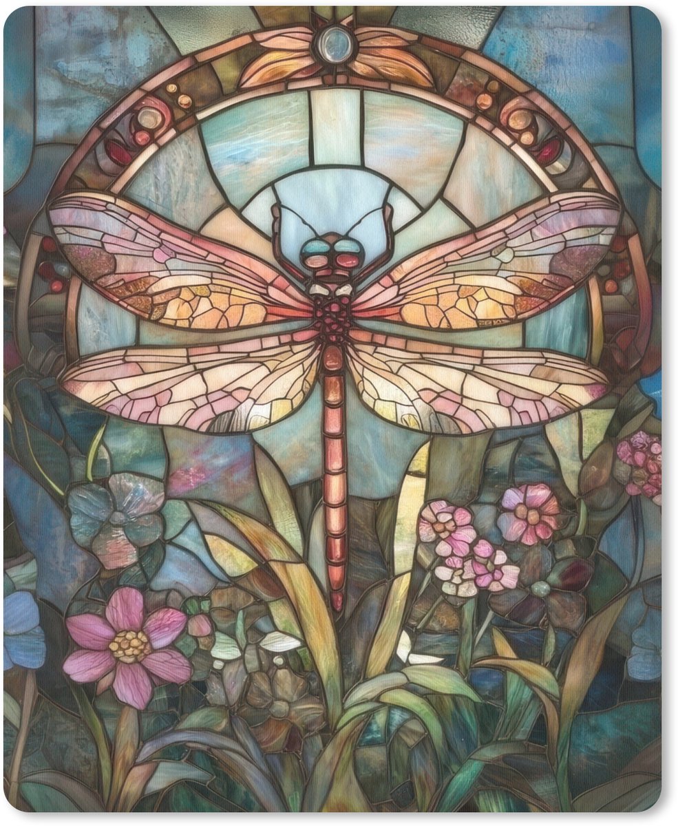 Muismat 19x23 cm - Mousepad Libelle - Mozaïek - Bloemen - Kleurrijk - Muismatten
