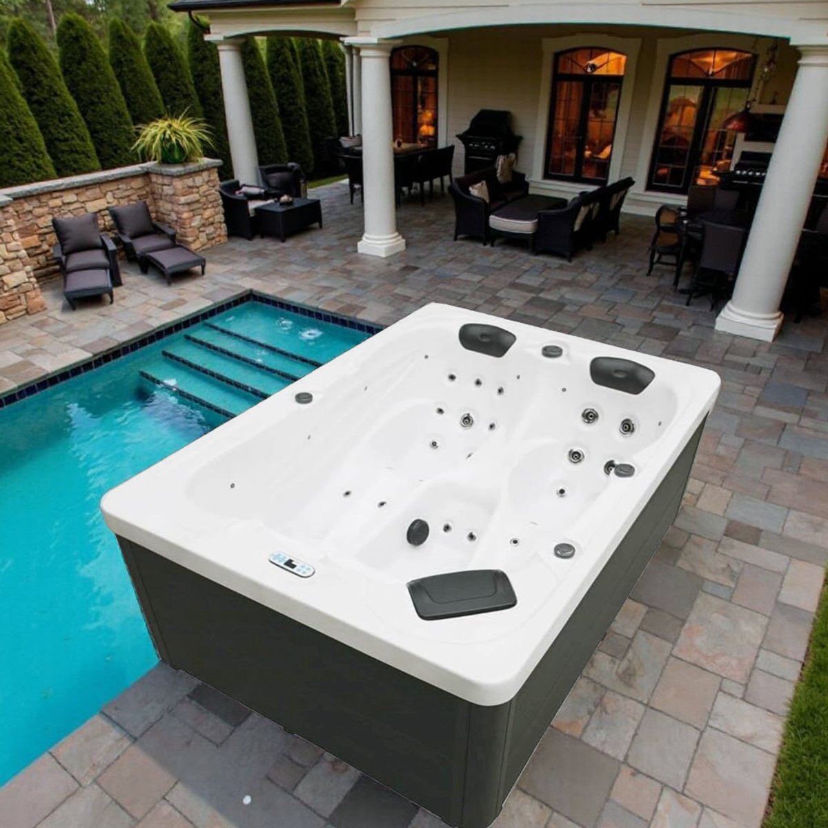 Luxe Outdoor Whirlpool voor 3 Personen – 32 Massagejets, 13 LED's, Ozon Reiniging – 220x156x82cm – Buiten Jacuzzi Spa met Ligplaatsen – Antraciet/Wit – 3850W – 820L