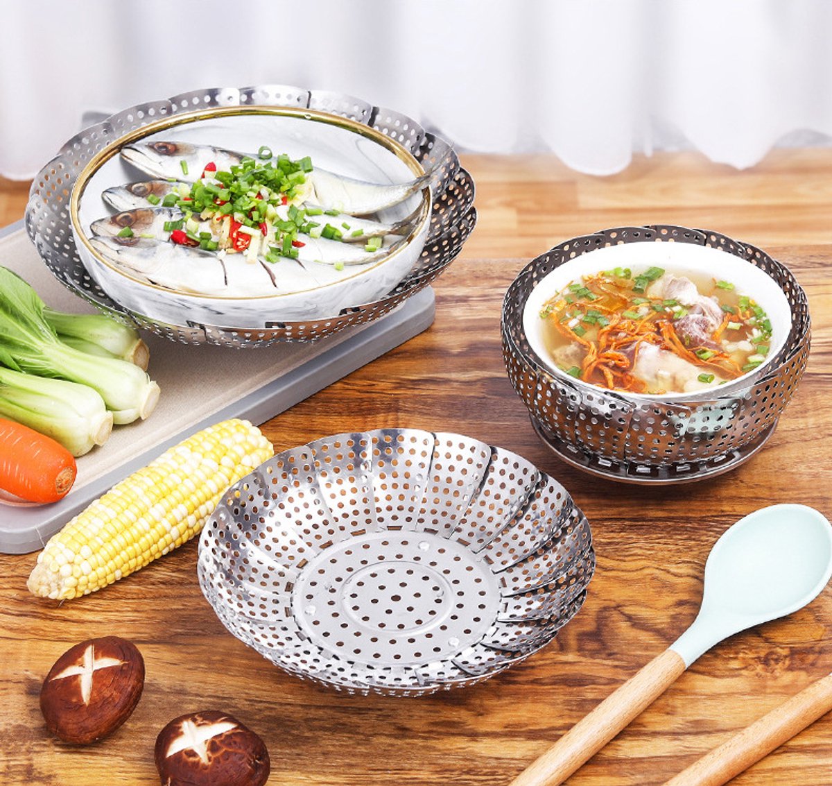 Crrynuo Stoommand - RVS Stoomrek- Groentenstomer Stoommandje - Verstelbaar - Stoombloem - Steamer Basket - Zilver