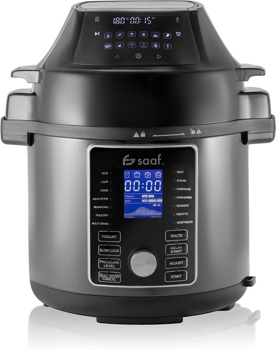 Multicooker met Airfryer - 15-Delige Set - 24 Automatische Programma's - Slowcooker, Rijstkoker, Stomer, Snelkookpan - Grijs - van Saaf