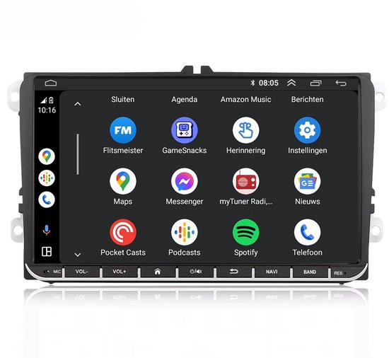 Touchscreen autoradio met iconen voor Sluiten, Agenda, Amazon Music, Berichten, FM, Flitsmeister, GameSnacks, Herinnering, Instellingen, Maps, Messenger, myTuner Radi..., Nieuws, Pocket Casts, Podcasts, Spotify, Telefoon.