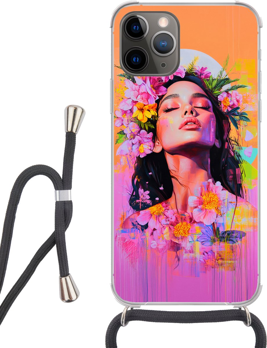 Telefoonhoesje Geschikt voor iPhone 12 pro crossbody - Portret - Bloemenkroon - Vrouw - Siliconen - Crossbody - Backcover met Koord - Telefoonhoesje met koord - Hoesje met touw Telefoonhoesje