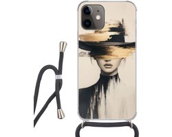 Telefoonhoesje Geschikt voor iPhone 12 Mini - Vrouw - Hoed - Verf - Siliconen - Crossbody - Backcover met Koord - Telefoonhoesje met koord - Hoesje met touw Telefoonhoesje