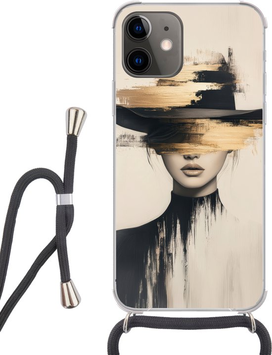 Telefoonhoesje Geschikt voor iPhone 12 Mini - Vrouw - Hoed - Verf - Siliconen - Crossbody - Backcover met Koord - Telefoonhoesje met koord - Hoesje met touw Telefoonhoesje