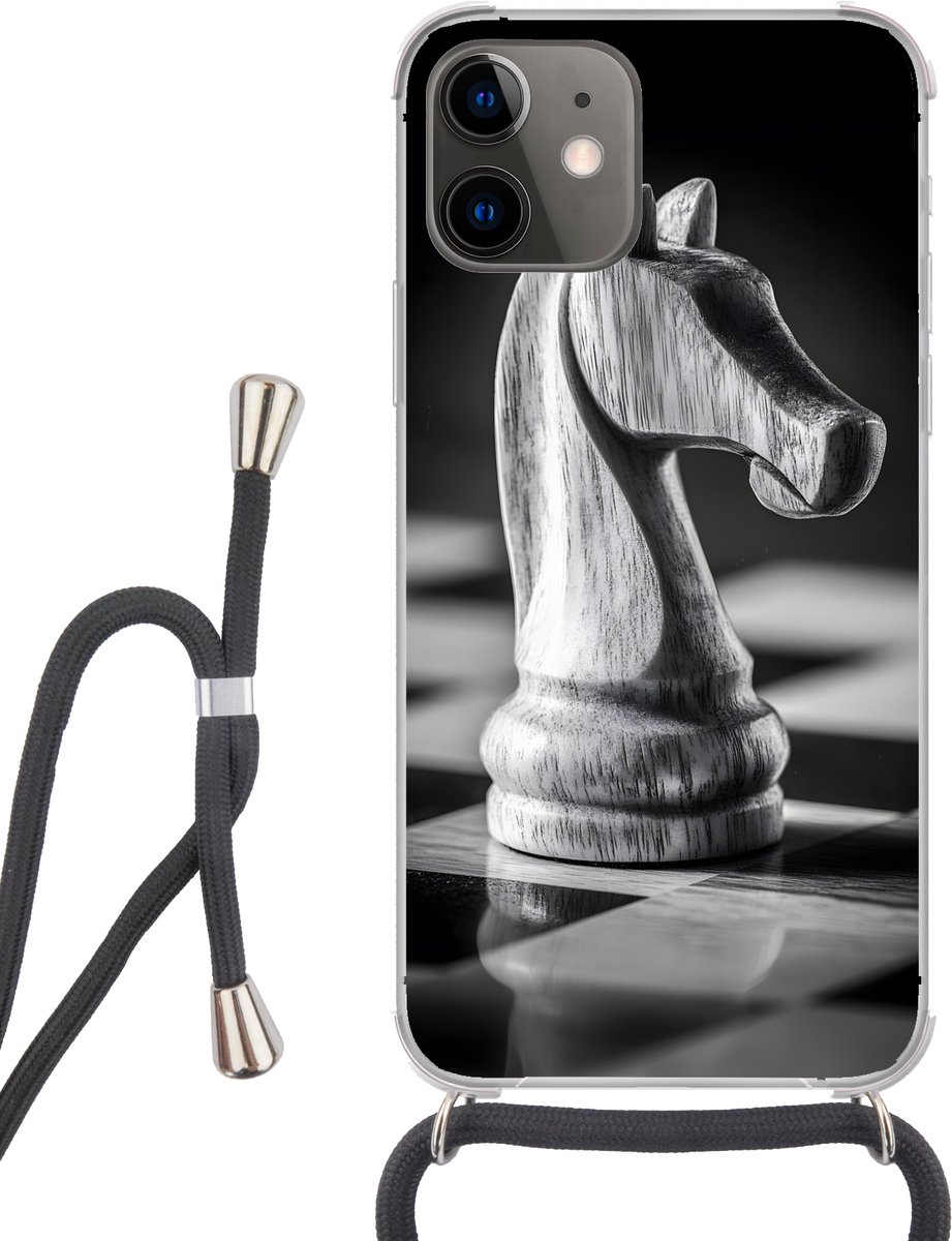 Telefoonhoesje Geschikt voor iPhone 12 Mini - Paard - Hout - Schaalbord - Zwart - Siliconen - Crossbody - Backcover met Koord - Telefoonhoesje met koord - Hoesje met touw Telefoonhoesje