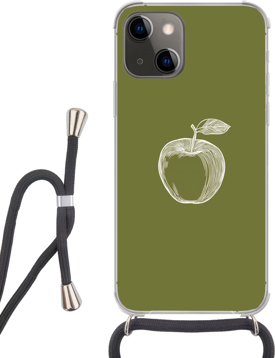Telefoonhoesje Geschikt voor iPhone 13 Mini - Lijntekening - Appel - Olijfgroen - Blaadje - Siliconen - Crossbody - Backcover met Koord - Telefoonhoesje met koord - Hoesje met touw Telefoonhoesje