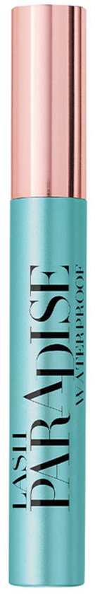 Gesloten turquoise mascara koker met rosé gouden dop. "Lash Paradise Waterproof" staat erop.