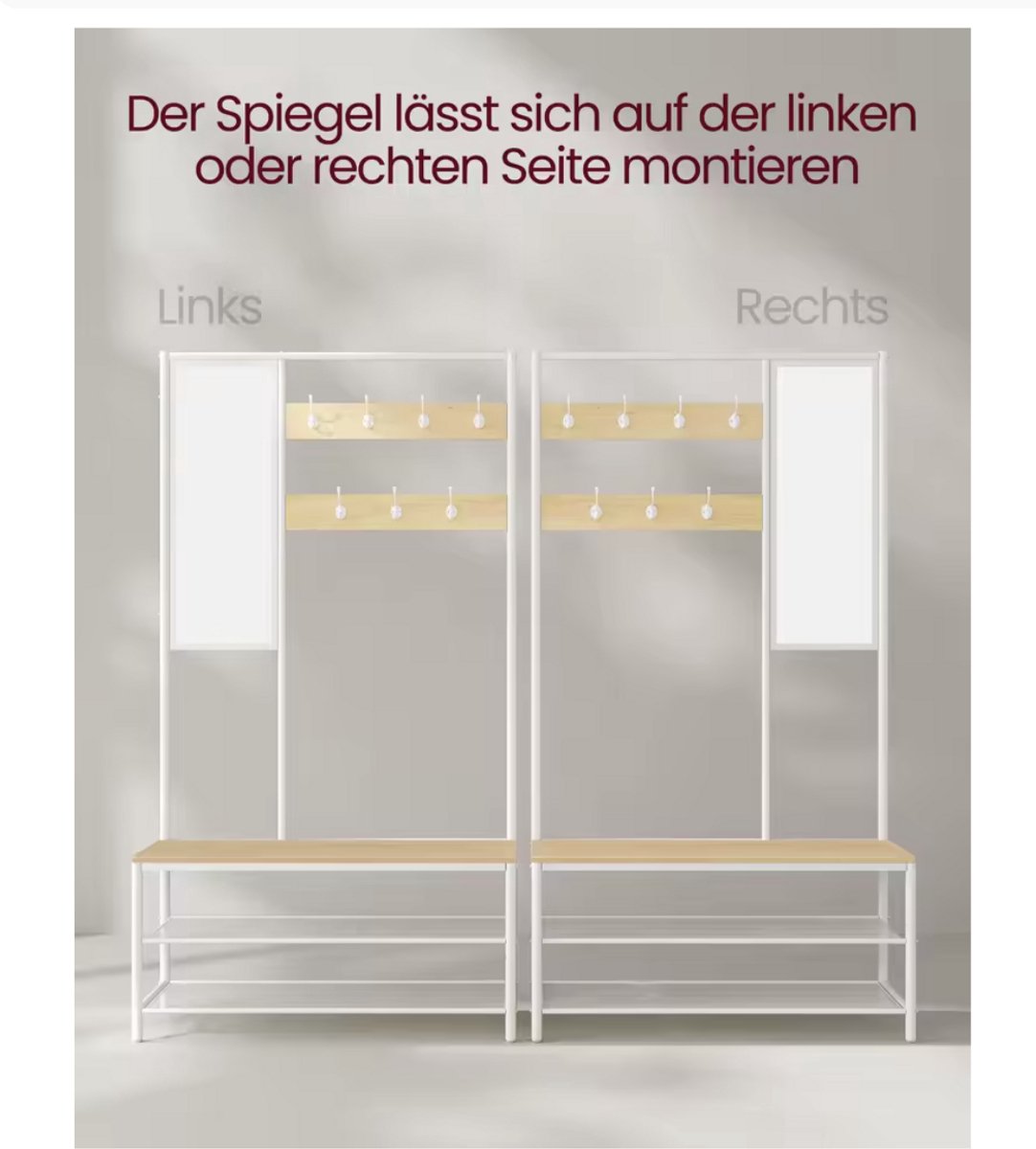 Varnox Kapstok - Kledingrek - Kledingstandaard - Garderobekast - Kapstok met spiegel - Garderoberek - Gangmeubel - Kapstok - Staande kapstok - Vestiairemeubel - Kast - Rek - Planken - 7 Haken - Spiegel - Schoenen rek - Hout en metaal - Wit - Bruin – foto 3