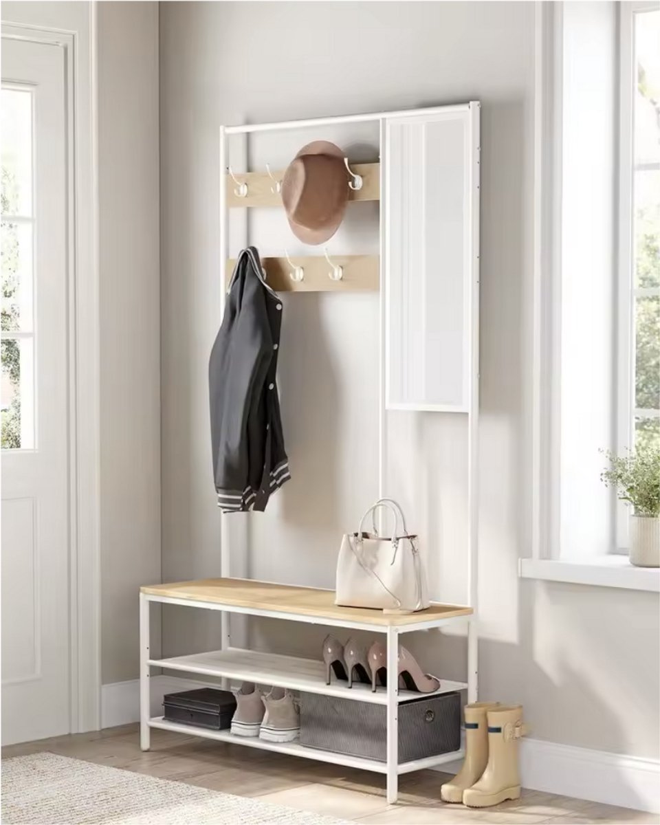 Varnox Kapstok - Kledingrek - Kledingstandaard - Garderobekast - Kapstok met spiegel - Garderoberek - Gangmeubel - Kapstok - Staande kapstok - Vestiairemeubel - Kast - Rek - Planken - 7 Haken - Spiegel - Schoenen rek - Hout en metaal - Wit - Bruin – foto 4