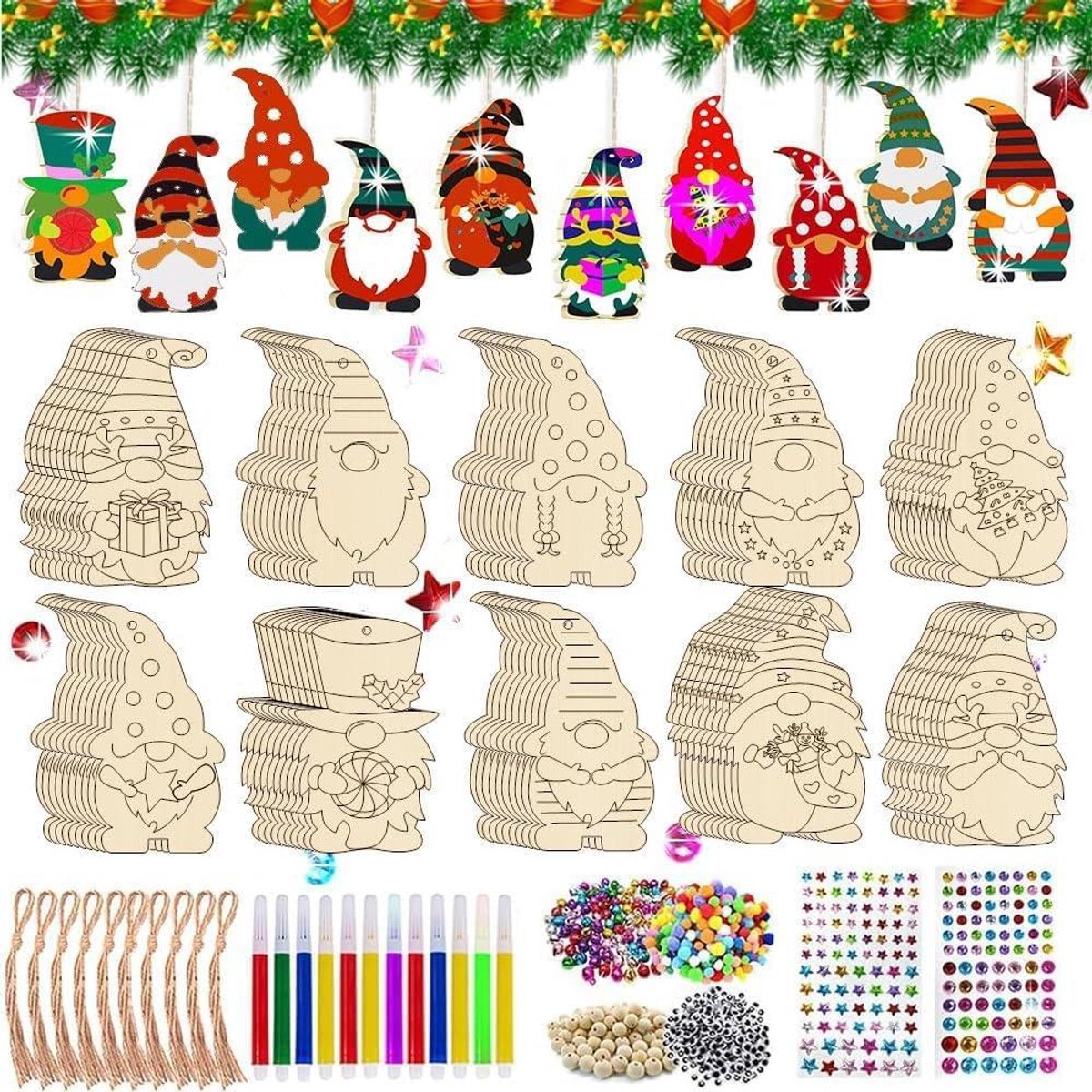JGS Premium - Houten Kerst Hangers om te Beschilderen - 376 Stuks Knutselset - Kerstdecoratie Hout - Kerstboomversiering - Doe-het-zelf Hout Knutselen - voor Kinderen