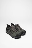 Paar donkergrijze lage wandelschoenen met Gore-Tex. Suede en mesh bovenwerk met vetersluiting.