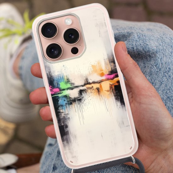 Telefoonhoesje Geschikt voor iPhone 16 Pro - Abstract - Kleurexplosie - Landschap - Siliconen - Crossbody - Backcover met Koord - Telefoonhoesje met koord - Hoesje met touw Telefoonhoesje