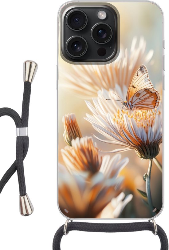 Étui pour iPhone 15 Pro Max avec un papillon orange sur une fleur, avec cordon noir.