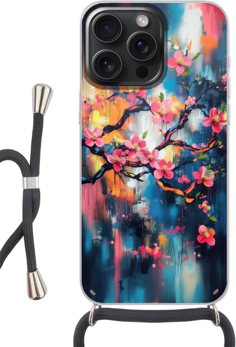 Telefoonhoesje Geschikt voor iPhone 15 Pro Max - Bloemen - Tak - Artistiek - Roze - Siliconen - Crossbody - Backcover met Koord - Telefoonhoesje met koord - Hoesje met touw Telefoonhoesje