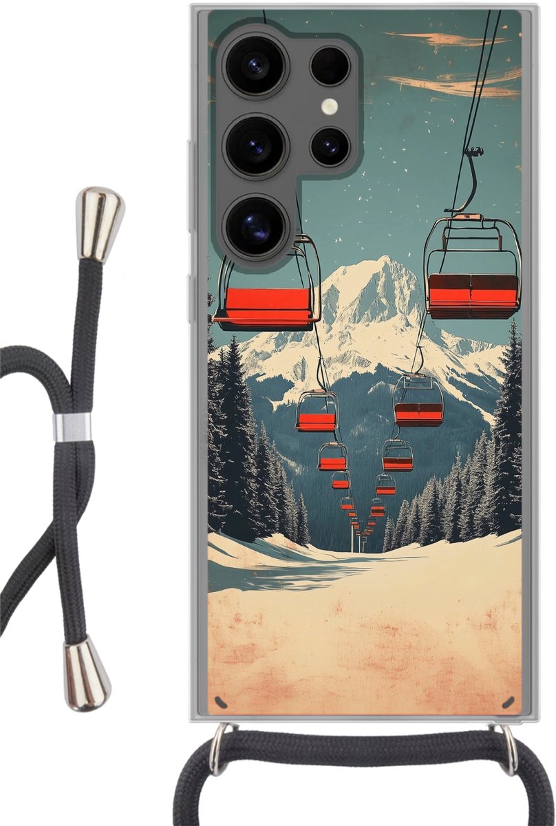 Telefoonhoesje Geschikt voor Samsung Galaxy S24 Ultra - Sneeuw - Skilift - Rood - Bomen - Siliconen - Crossbody - Backcover met Koord - Telefoonhoesje met koord - Hoesje met touw Telefoonhoesje