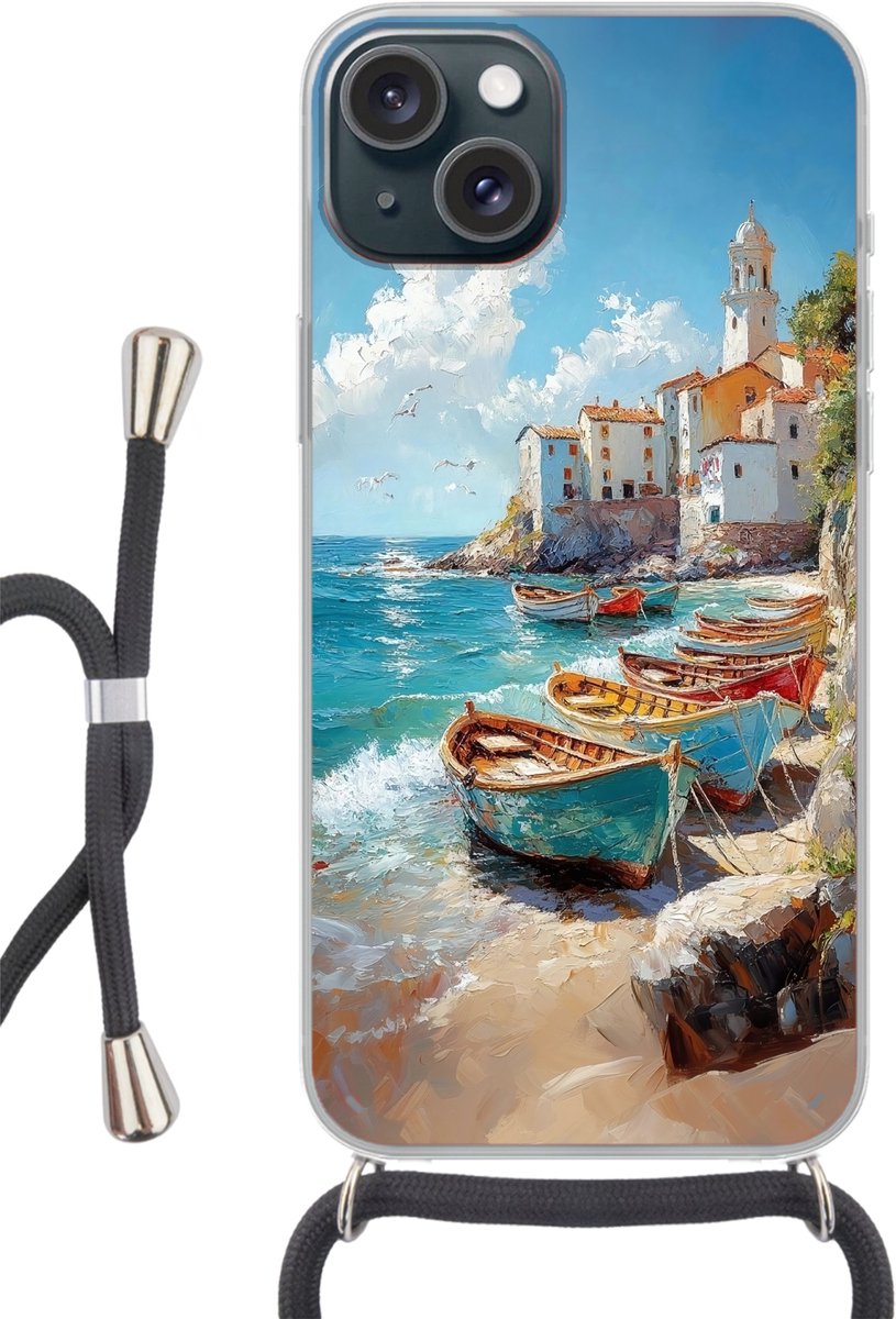 Telefoonhoesje Geschikt voor iPhone 15 - Boten - Rotsen - Zee - Zon - Siliconen - Crossbody - Backcover met Koord - Telefoonhoesje met koord - Hoesje met touw Telefoonhoesje