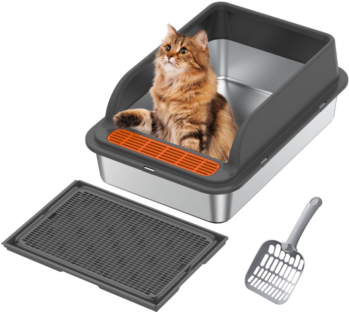 Ibenzoa® Kattenbak van roestvrij staal met hoge rand en gemakkelijk te reinigen kattenbakmat voor kattencomfort