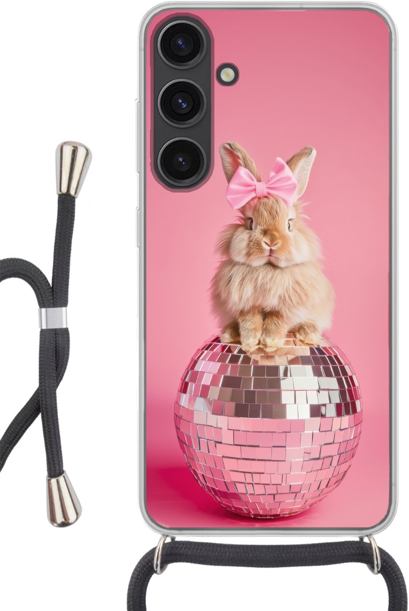 Telefoonhoesje Geschikt voor Samsung Galaxy S24 - Strik - Discobal - Konijn - Siliconen - Crossbody - Backcover met Koord - Telefoonhoesje met koord - Hoesje met touw Telefoonhoesje