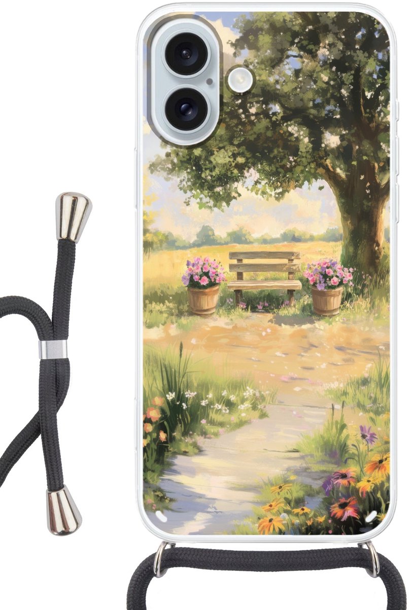 Telefoonhoesje Geschikt voor iPhone 16 Plus met koord - Houten bankje - Bloempotten - Landschap - Siliconen - Crossbody - Backcover met Koord - Telefoonhoesje met koord - Hoesje met touw Telefoonhoesje