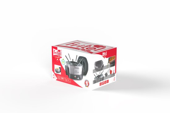 Doos van de Fritel Friteuse - Fondue FF 1400, zilver met zwart, met afbeeldingen van de pan en de inhoud. "PFAS FREE" logo.