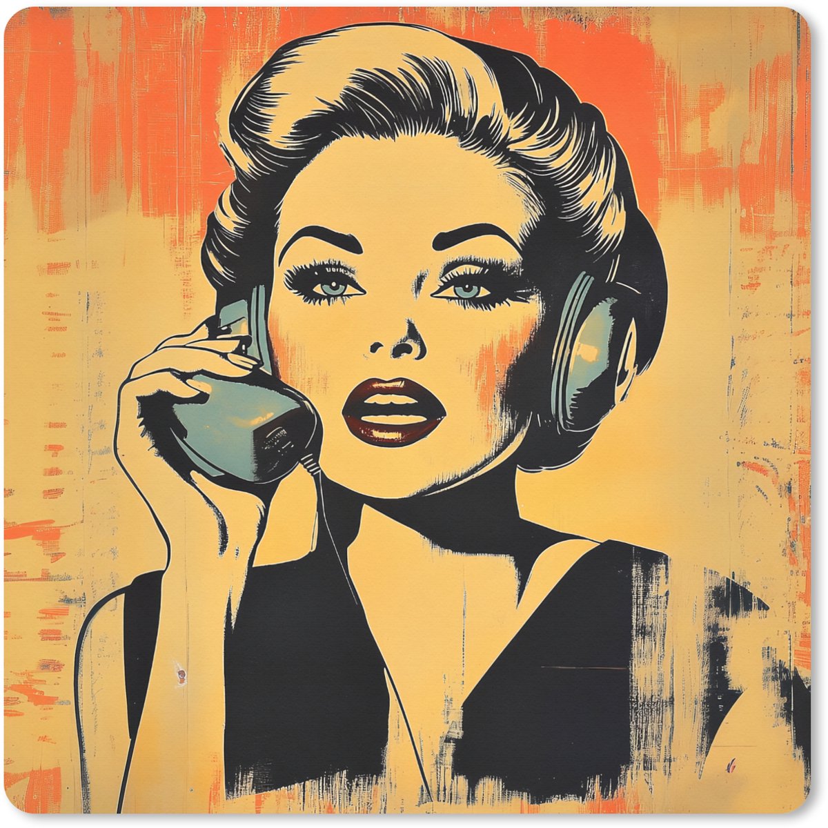 Muismat XXL 50x50 cm - Bureau onderlegger - Bureau mat Retro - Vrouw - Koptelefoon - Oranje - Bureaumat - Gaming mousepad xl - Bureaulegger groot - Computer deskmat