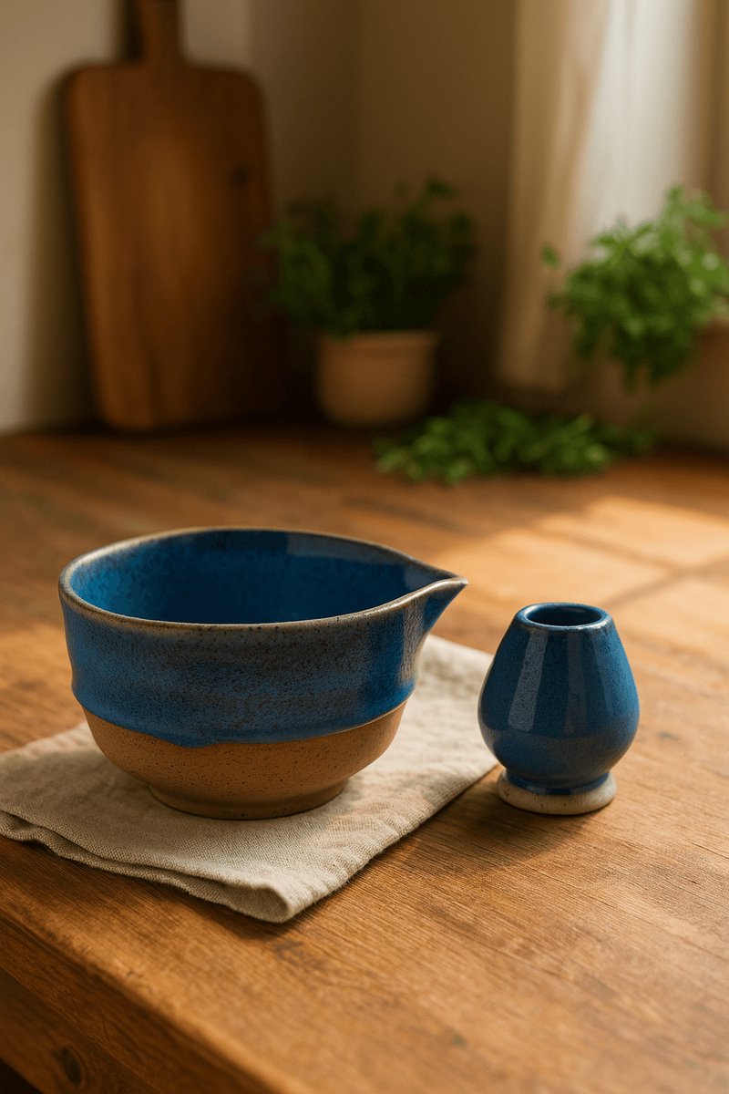 Matcha Set Aozora – Handgemaakte Matchakom & Klopperhouder – Blauw-Paars Keramiek – 300ml – Japans Design – Chawan & Kusenaoshi – Theeritueel
