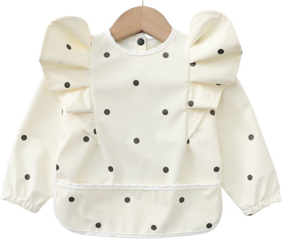 Joya Kids® Slabber Lange Mouwen Wit Zwart Gestipt met Brede Opvangbak - Peuter Kliederschort met Pofmouwen - Verfschort - Schattig Baby Slabbertje Meisje / Schort - Mouwslab - Mouwslabber met Zwarte Stippen - Maat S - 6 tot 12 Maanden Oud van Merkloos — afbeelding 2