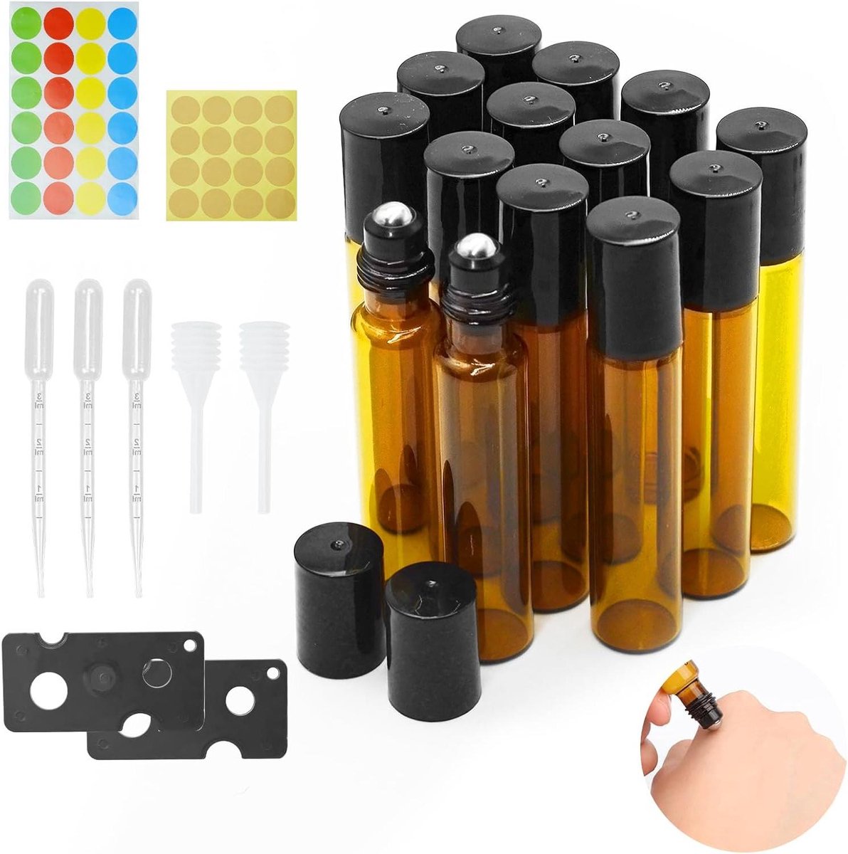 JGS Premium - 14 stuks 10 ml bruine roll-on glazen flessen - navulbare flessen voor etherische oliën, lotions en parfums
