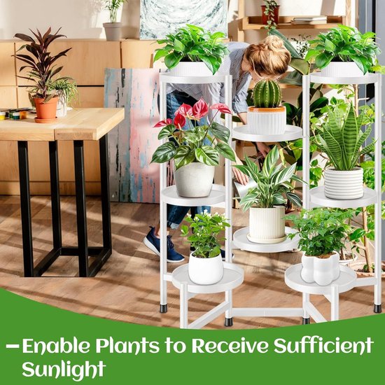 Moderne Plantenstandaard Met Grow Light - 8 Niveaus, 124 Cm Zwart Bloemenrek Met Houten Planken Voor Binnen & Buiten