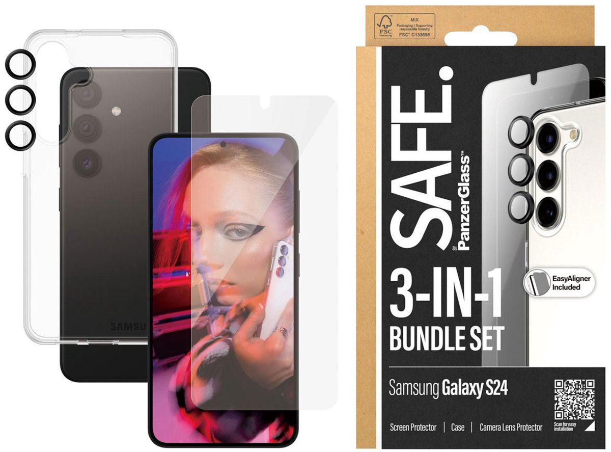 SAFE by PanzerGlass Safe 3-in-1 pack - Hoesje + screenprotector + camera protector geschikt voor Samsung Galaxy S24 - Transparant