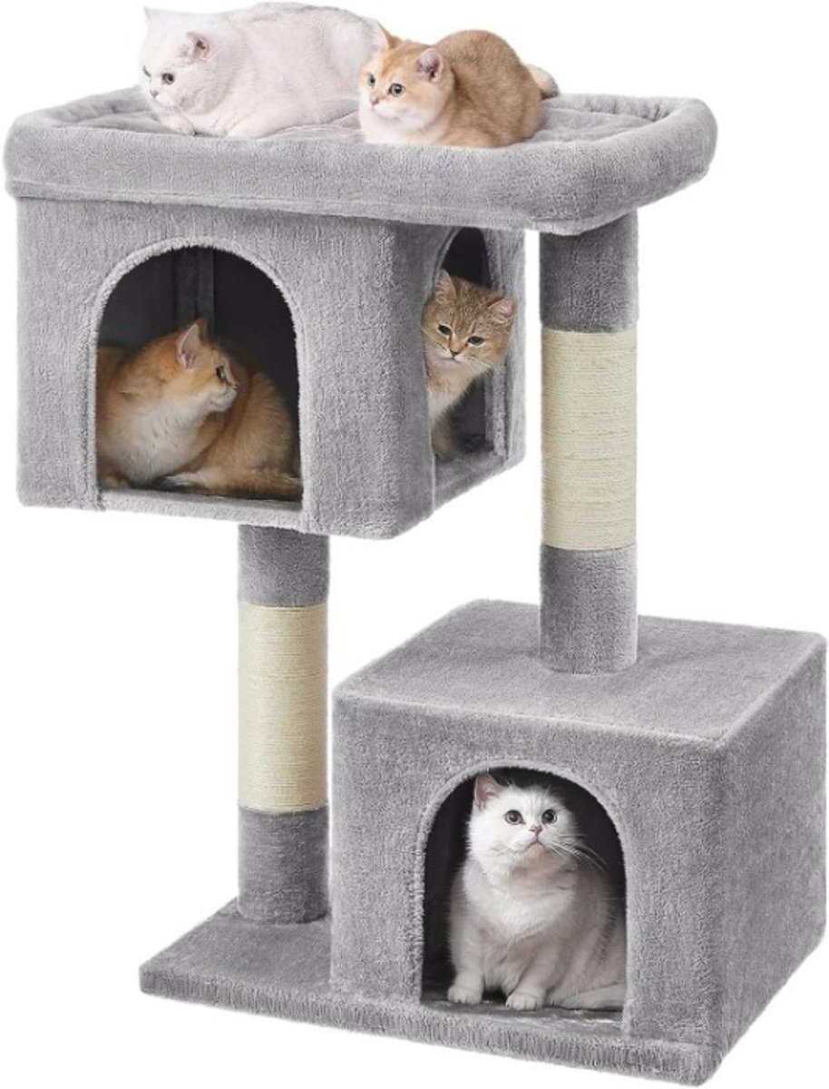 Hoppa! kattenboom 102 cm kattenboom XL kattenhuis voor extra grote katten tot 20 kg groot platform 2 kattenholen sisalstammen lichtgrijs