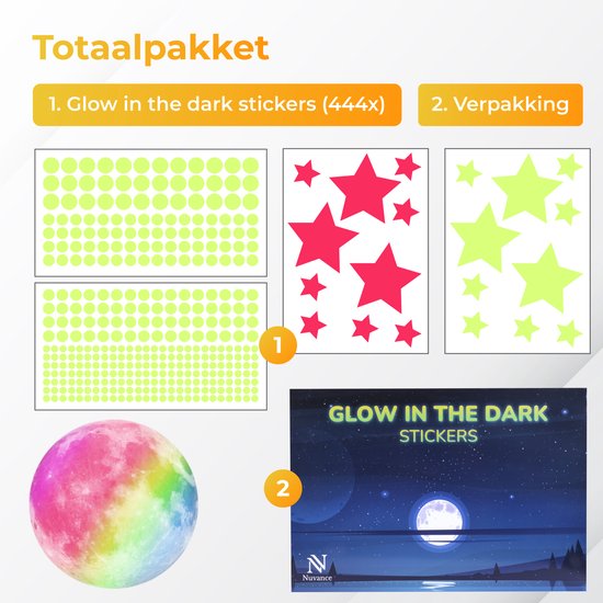Nuvance - Glow in the Dark Sterren en Maan - 444x - Muurstickers Slaapkamer en Kinderkamer - Stickers - Sterrenhemel - Multicolor