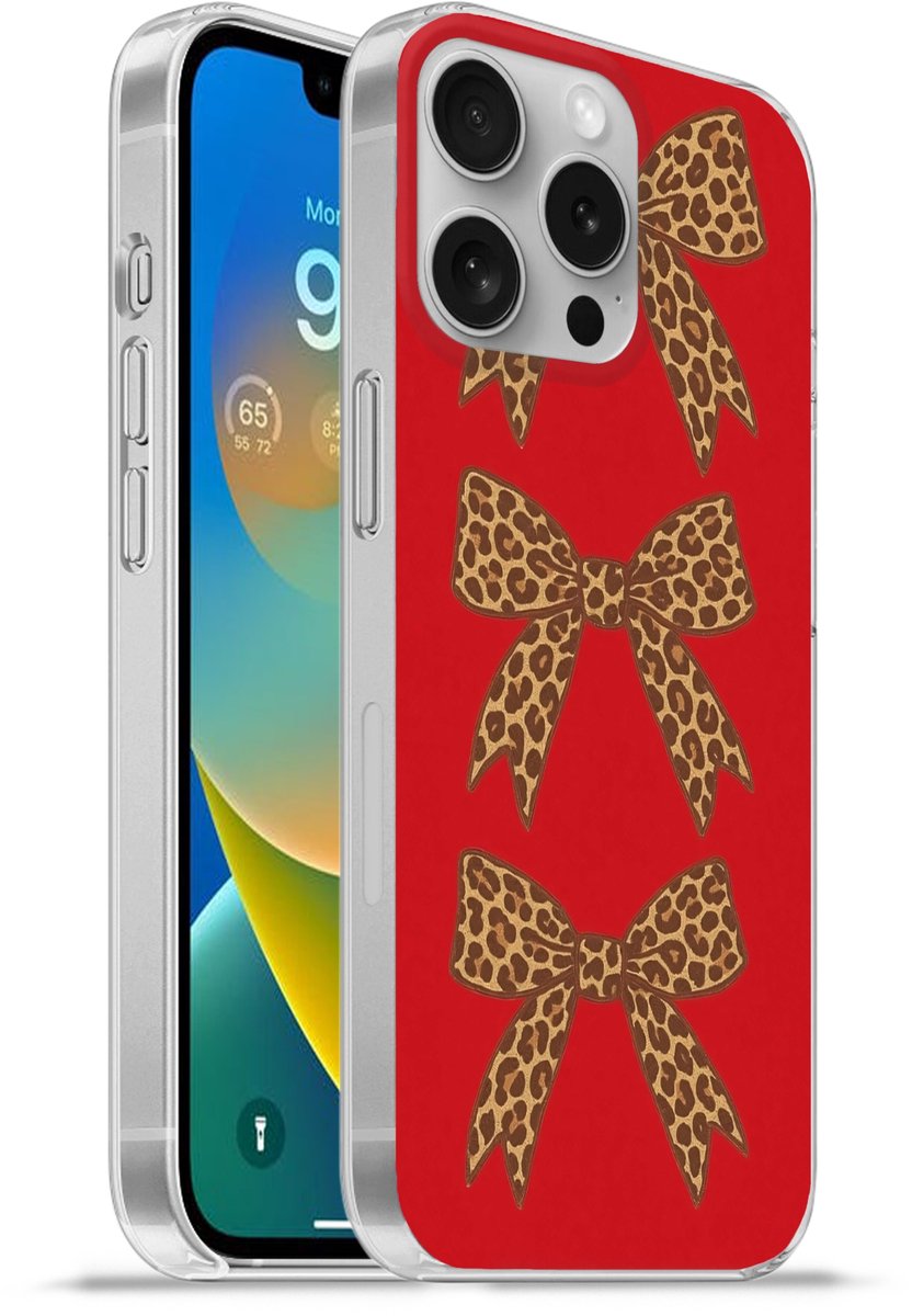 Telefoonhoesje Geschikt voor Apple Iphone 16 Pro hoesje - Strikken - Panterprint - Rood - Siliconen Telefoonhoesje Telefoonhoesje